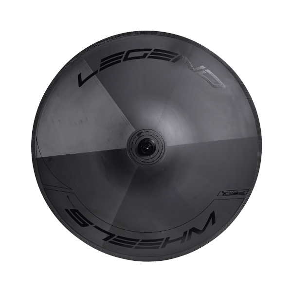 Roue pleine noire Legend Wheels New TT PRO4 pour vélo de triathlon et contre-la-montre, vue de face.